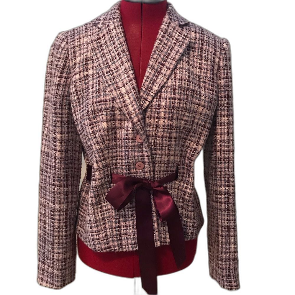 Ann Taylor Factory Blazer Women Size 4 Purple Tweed Attached Ribbon Belt